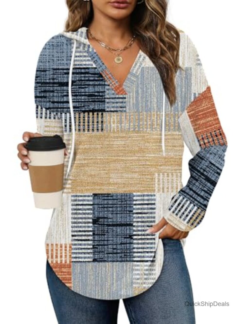 Womens Soft Fleece V-Neck Hoodie Long Sleeve Oversized Tunic Top
